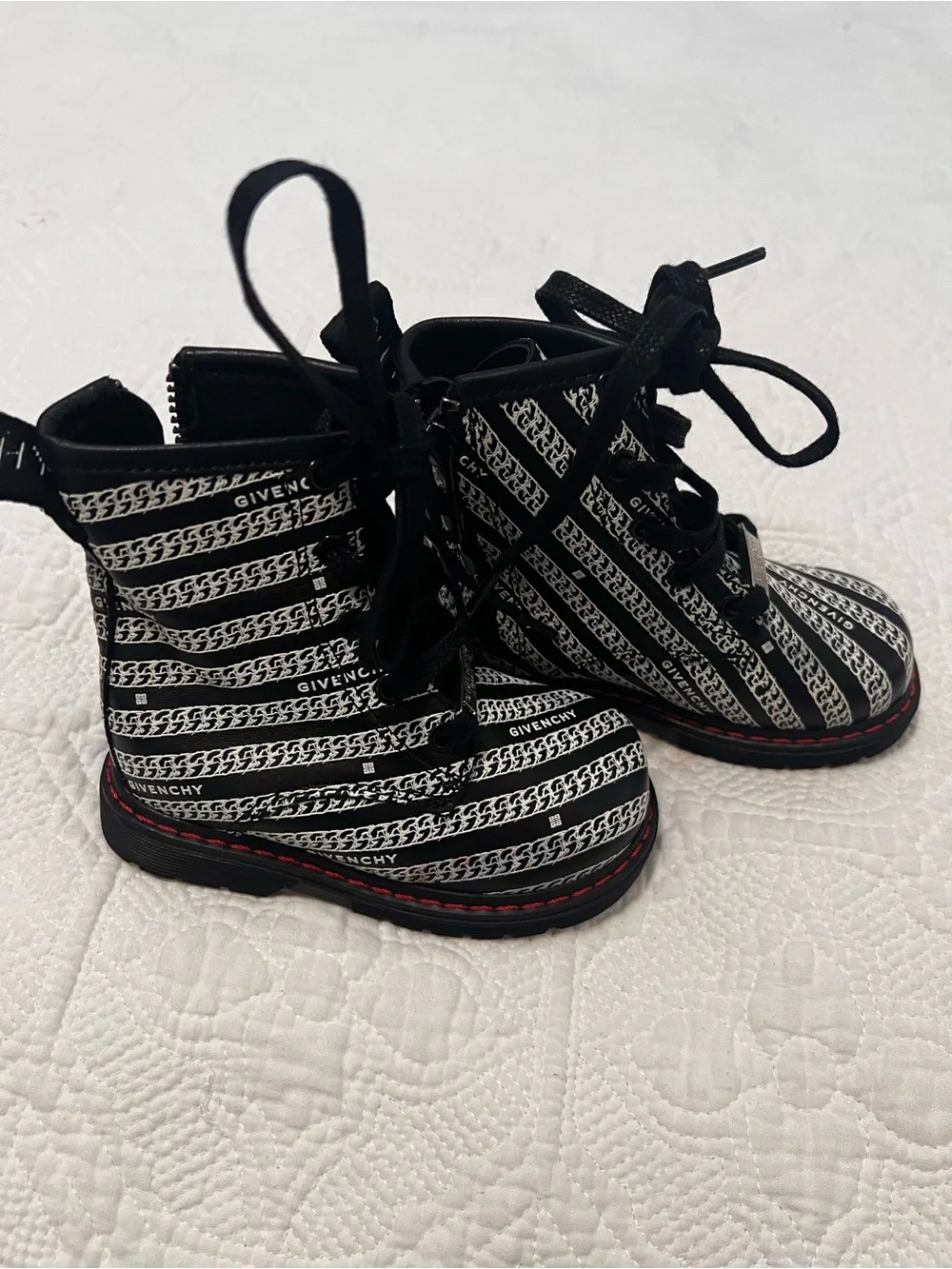 Givenchy Black & White Logo-Striped Kids Lace-Up Boots